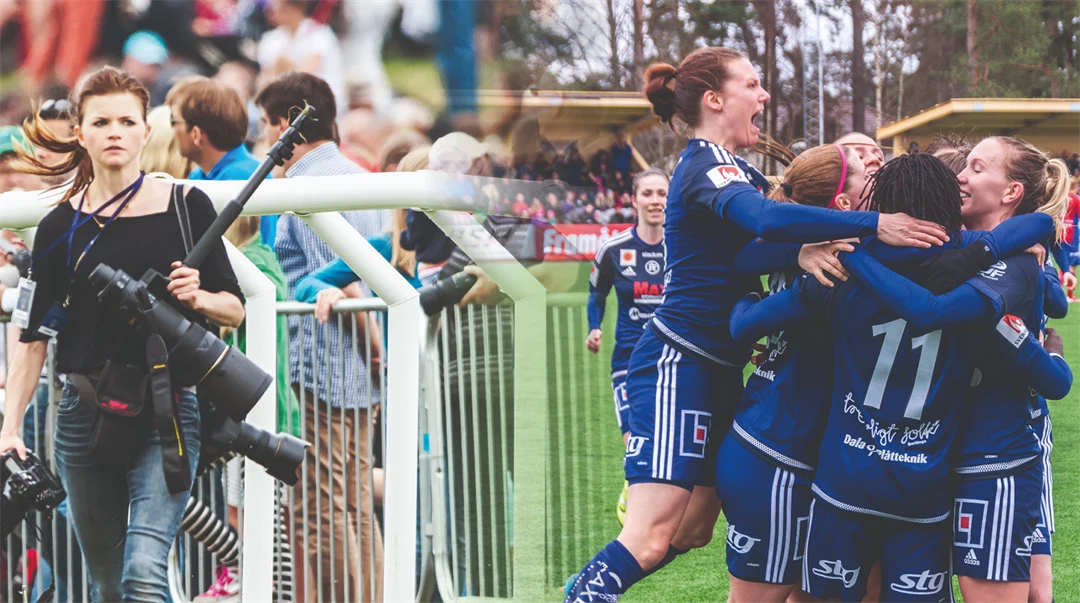 Bildmontage. En kvinna med flera kameror står framför en stor grupp människor. Bredvid den bilden kramas flera kvinnor i fotbollskläder på en gräsplan.