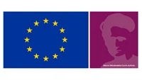 EU flagga och logotyp för Marie Skłodowska-Curie