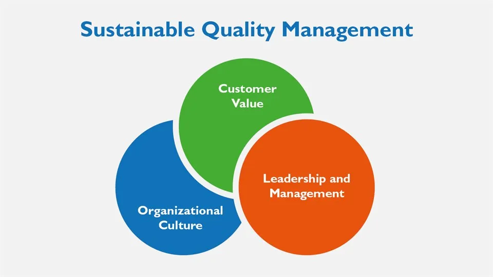 An illustration showing what is included in sustainable quality management. Customer value, leadership and management and also organizational culture.