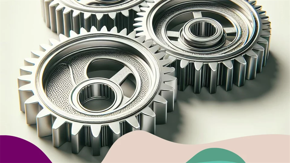 Tre kugghjul med färgstänk i lila, rosa och grönt