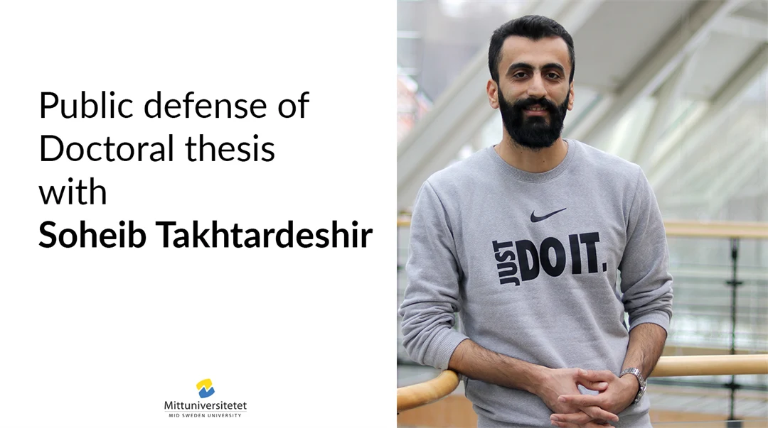 Information regarding a public defense of a doctoral thesis and a picture of the doctoral student, a man with dark hair and a gray shirt