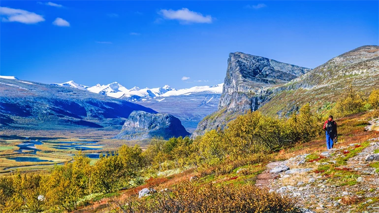 Fjällandskap med vegetation och person med ryggsäck