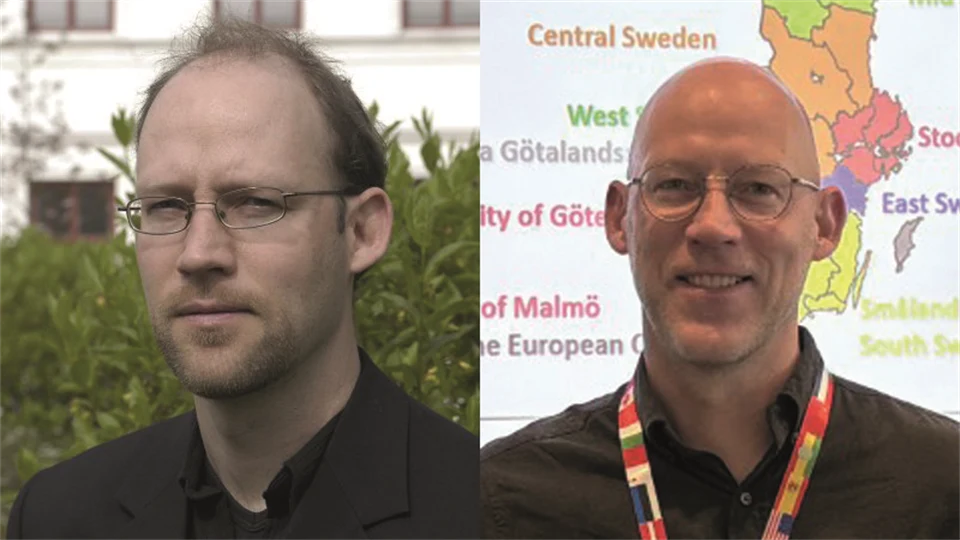 Två porträttbilder på en man, den vänstra visar honom för 20 år sedan och den högra visar honom idag.