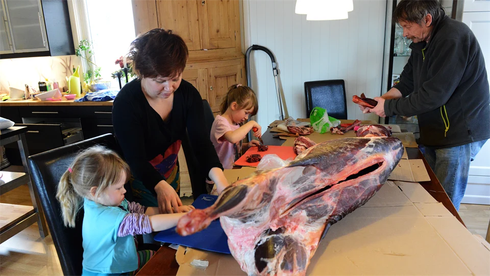 Kvinna, man och två barn styckar en renkropp på köksbordet.