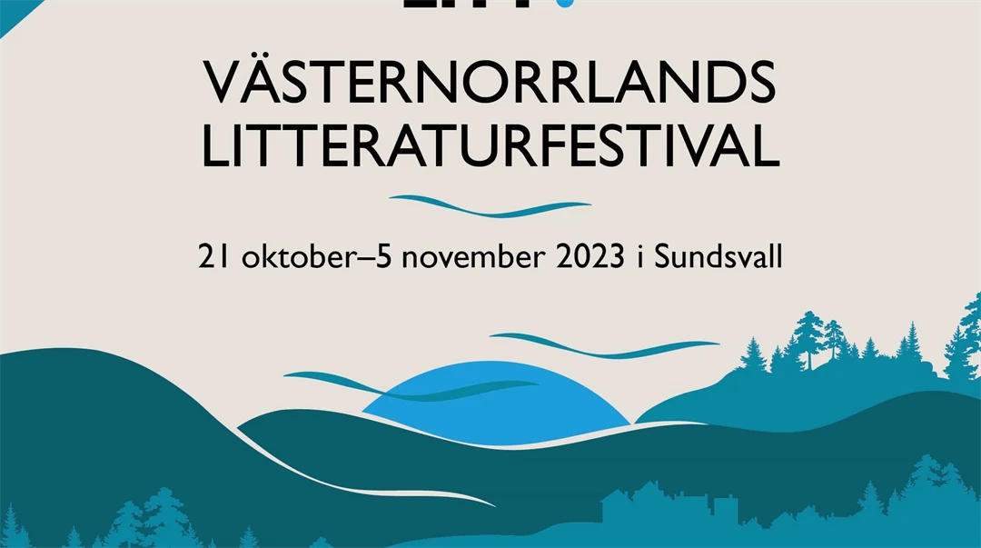 grafisk bild i blått av berg och skog, svarta bokstäver på vit botten