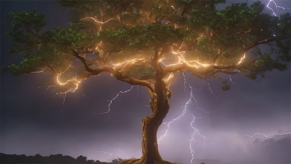 AI-genererad bild som föreställer ett träd där blixtar far genom trädkronan.
