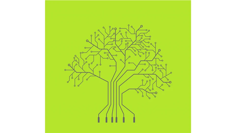 tecknat träd med kablar som rötter, grön bakgrund