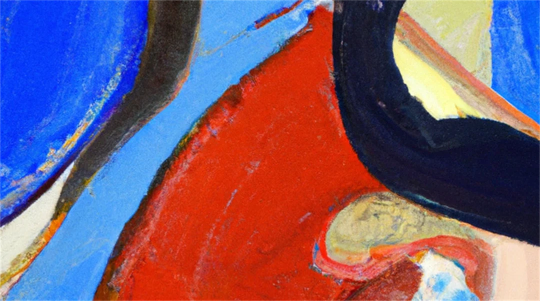 En abstrakt oljemålning i svart, blått och rött