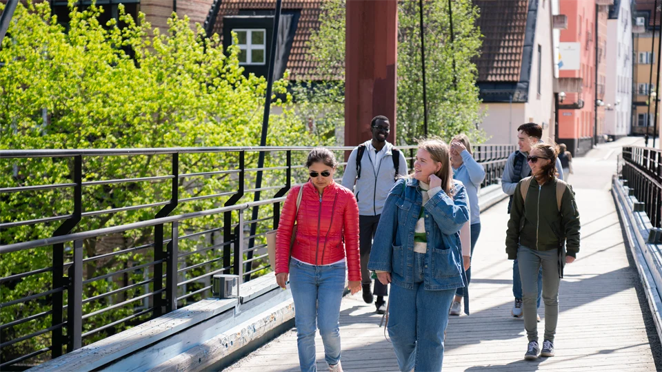 Studenter som går på bro vid Åkroken, Campus Sundsvall. 