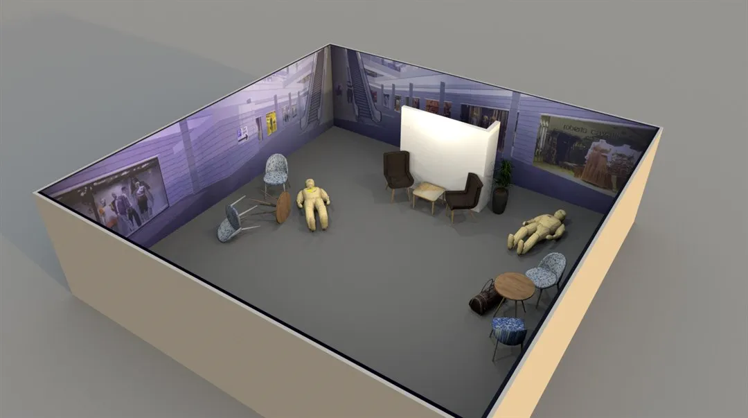 Illustration över hur den simulerade miljön galleria ser ut snett uppifrån