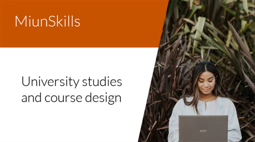 Text MiunSkills university studies and course design and image of a woman working on a laptop