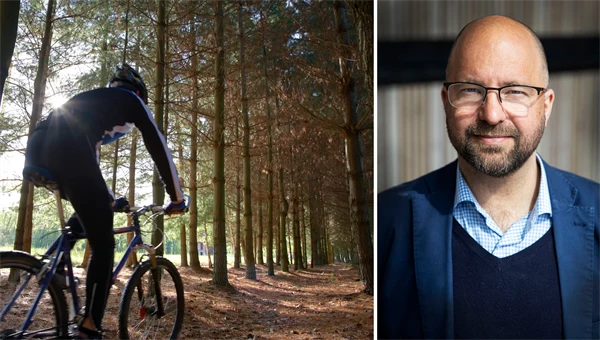 Kollage: Cyklist i skogen, Porträttfoto av man i glasögon
