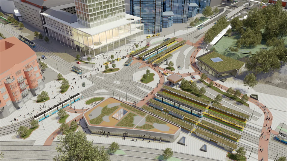 Illustration of transportation, buildings etc.