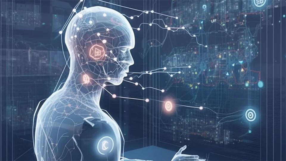 AI generated image showing a holographic figure with lights and  projections