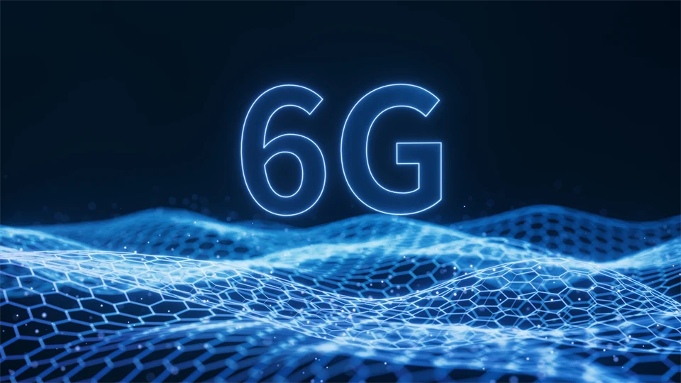 Svart bakgrund med blå vågor och texten "6G"