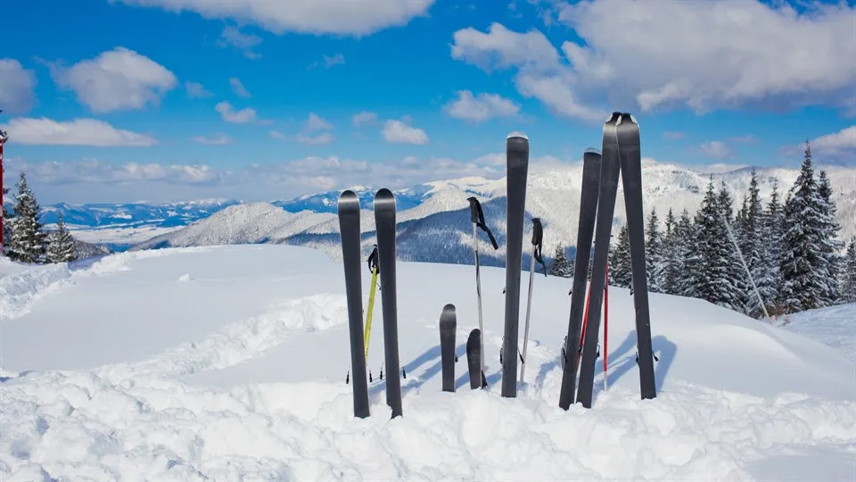 slalomskidor uppställda i snö med fjällutsikt i bakgrunden