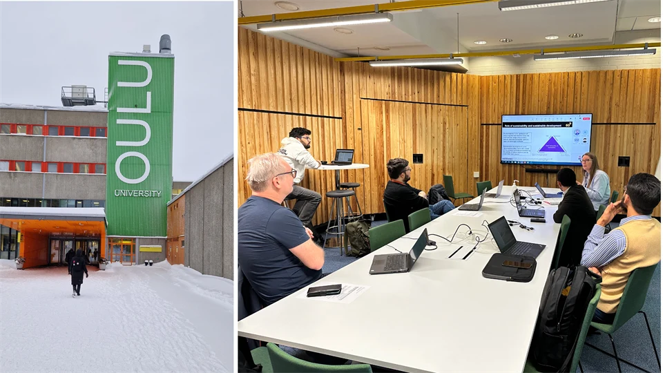 Two pictures of the entrance to Oulu University and a picture of people sitting at a meeting table