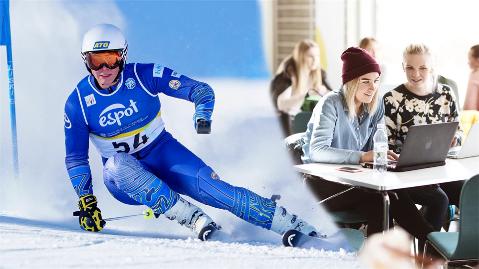 Bildkollage av alpin paraskidåkare och studenter med dator vid ett bord.