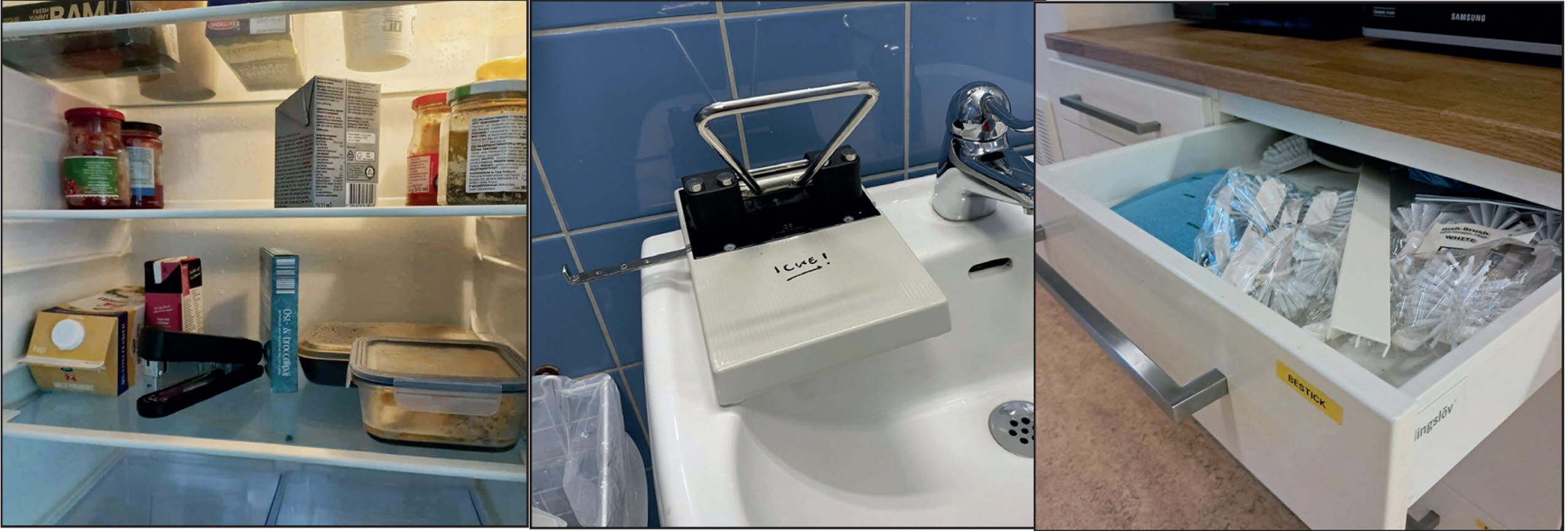 tre kontorsföremål i ett collage