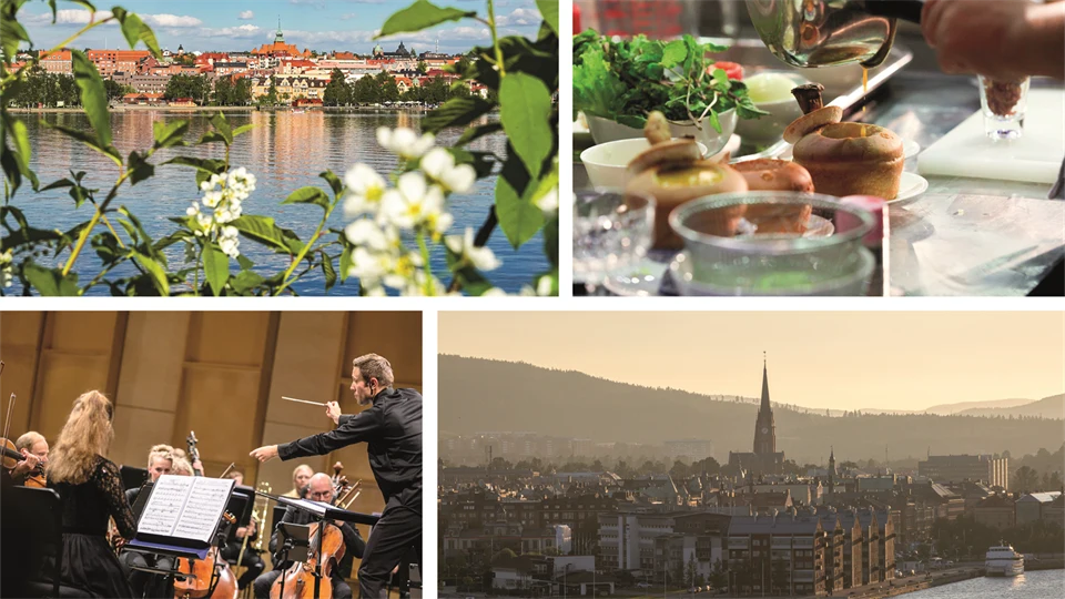 Fyra bilder i ett kollage. En bild visar Östersunds centrum. En annan bild visar Sundsvalls stad. En bild visar vackert presenterad mat. Den sista bilden visar en orkester som dirigeras av en dirigent. 
