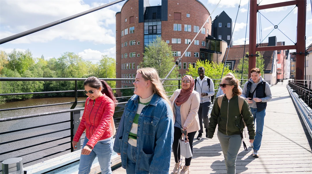 A group of friends walking on the bridge at Campus Sundsvall.