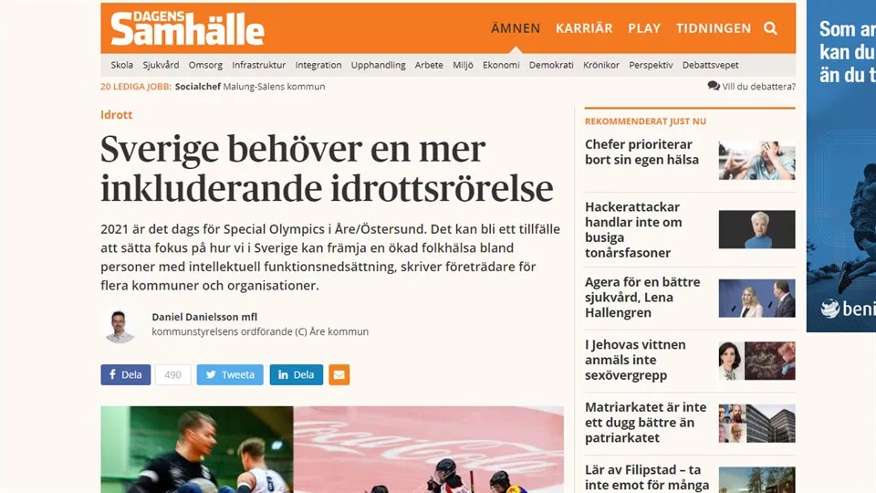 skärmdump, debattartikel: Sverige behöver en mer inkluderande idrottsrörelse