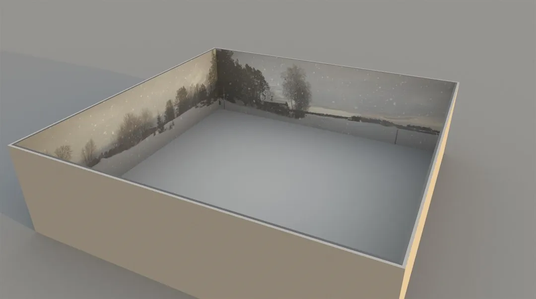 Bild av väggar i simuleringslabbet som visar en vintermiljö.