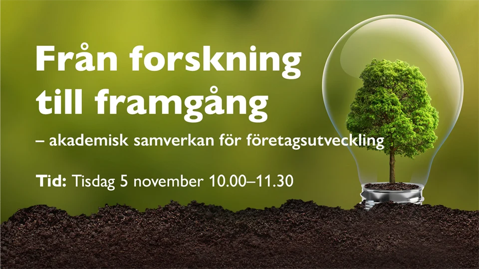 En bild med skogsgrön bakgrund där det ligger information om ett kommande seminarium. På bilden finns också en illustration med ett träd inuti en glödlampa.