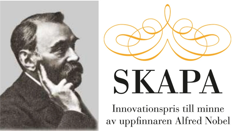 Grafisk bild skapad av ett foto till vänster på en man som tänker och till höger en text där det står "SKAPA innovationspris till minne av uppfinnaren Alfred Nobel".