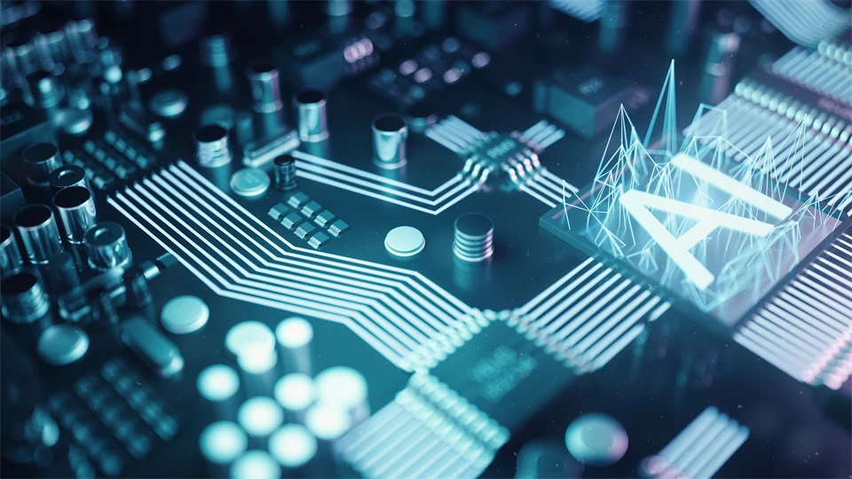 3D illustration abstract artificial intelligence on a printed circuit board. Technology and engineering concept. Neurons of artificial intelligence. Electronic chip, head processor 