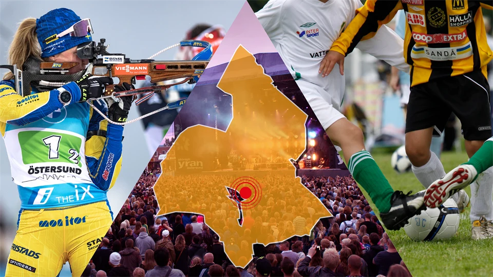 Fotomontage med en skidskytt, en konsert med publik, tre fotbollsspelare i en närkamp och en karta över Jämtland med Östersund markerat