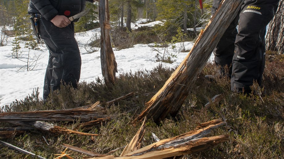 Mattias och Bengt Åke Jåma späntar ved till kaffekok.