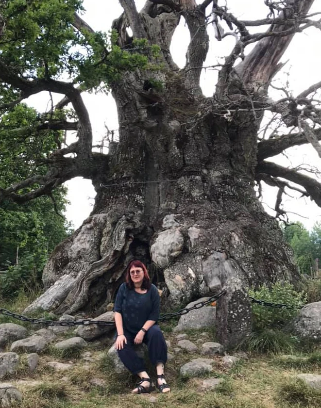 En person som sitter bredvid ett träd