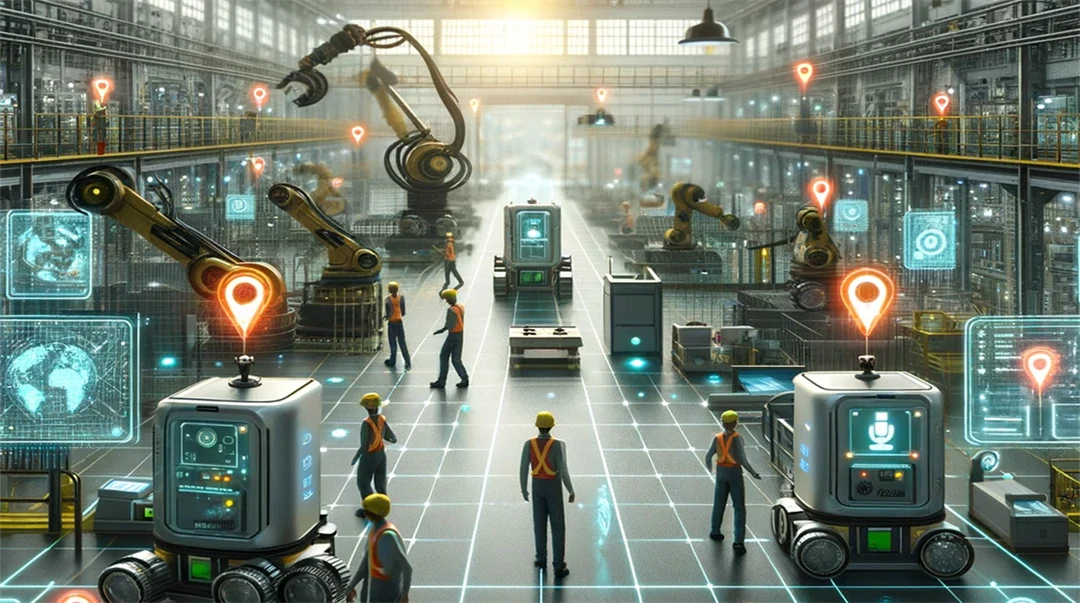 Ai generated image showing an industrial premises where people, machines and robots share the space.