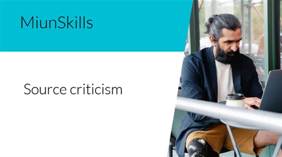 Text MiunSkills Source criticism and image of a man with a protistic leg working on a laptop