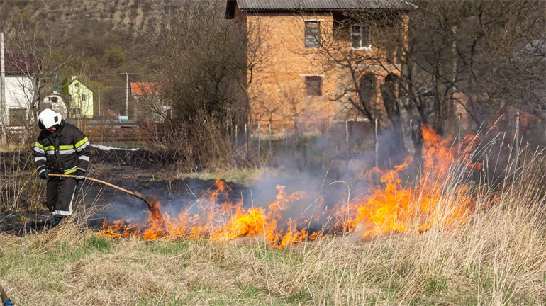 A firefighter standing in tall grass holding a large stick. The gras next to them is on fire. There are houses in the background.