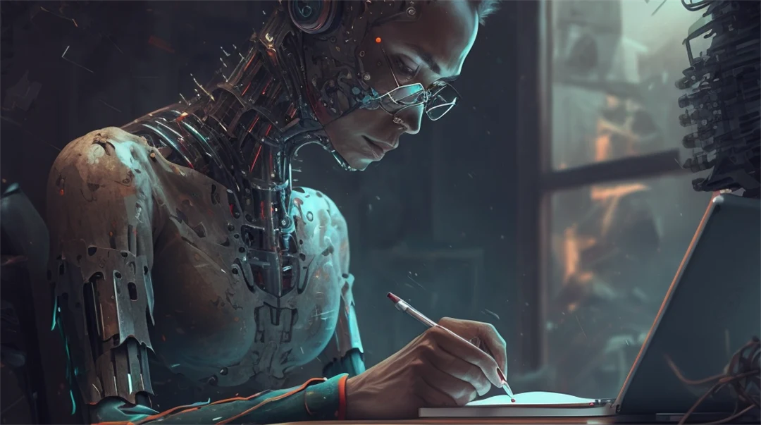 AI generated picture showing a humanoid robot who is writing