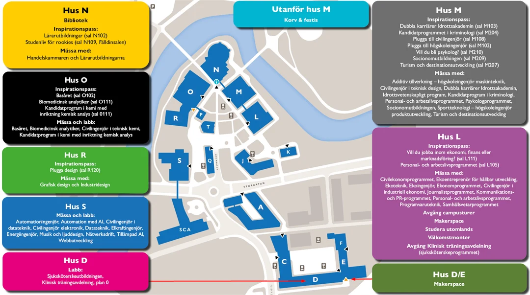 karta över campus i Sundsvall för Öppet hus