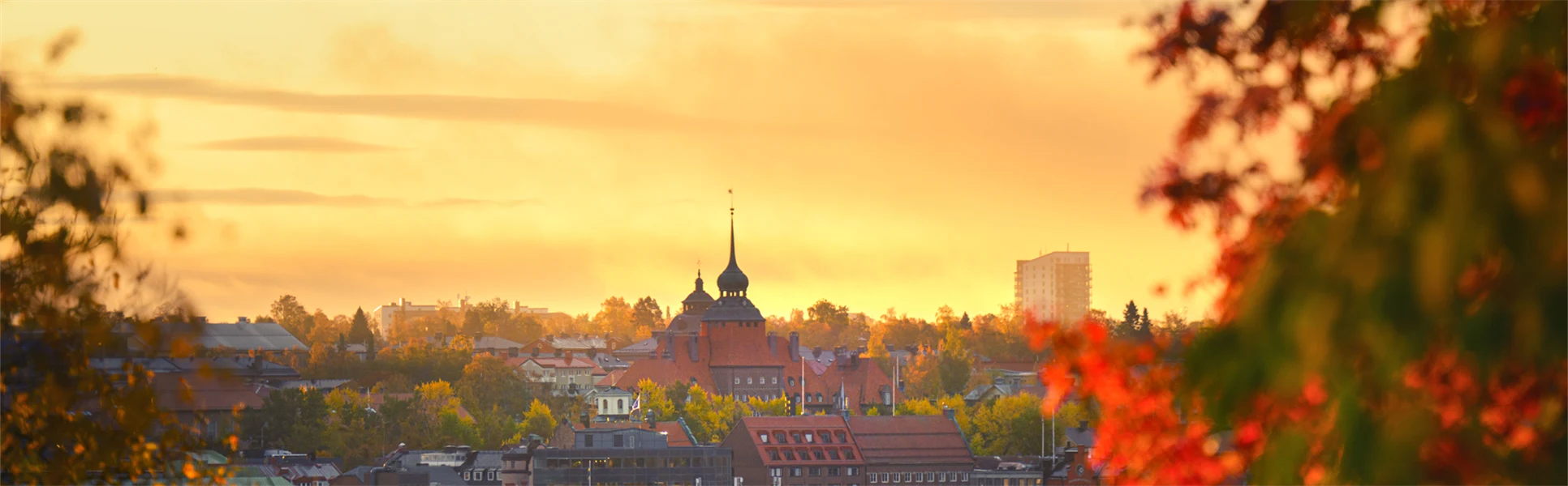 View of Östersund City Hall against a sunny yellow sky, with trees in autumn colors visible in the foreground.