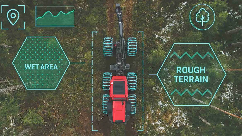 Forestmachine in the forest with digital symbols around